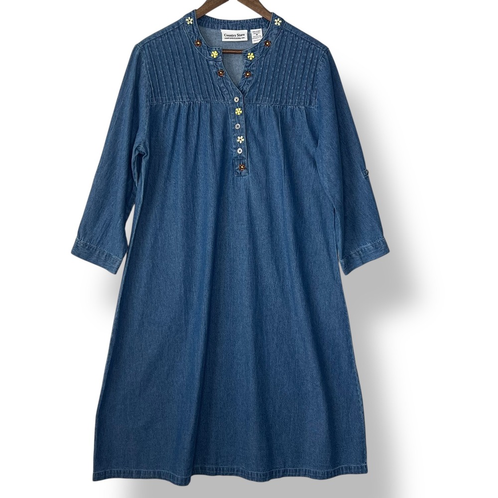 Country Store M Denim Dress Midi Floral Embroidered V Neck Pintuck Cottagecore‎